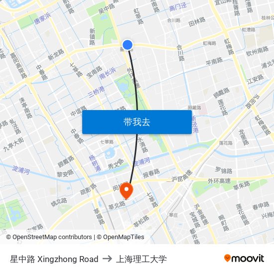 星中路 Xingzhong Road to 上海理工大学 map