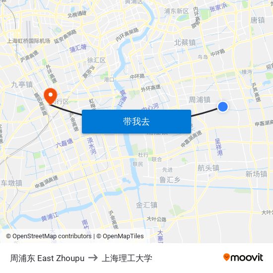 周浦东 East Zhoupu to 上海理工大学 map