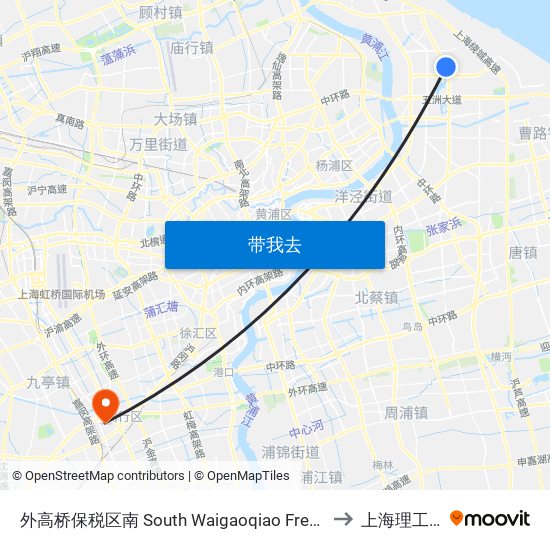 外高桥保税区南 South Waigaoqiao Free Trade Zone to 上海理工大学 map