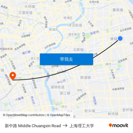 新中路 Middle Chuangxin Road to 上海理工大学 map