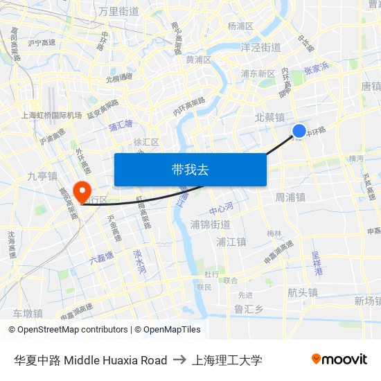 华夏中路 Middle Huaxia Road to 上海理工大学 map