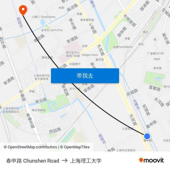 春申路 Chunshen Road to 上海理工大学 map