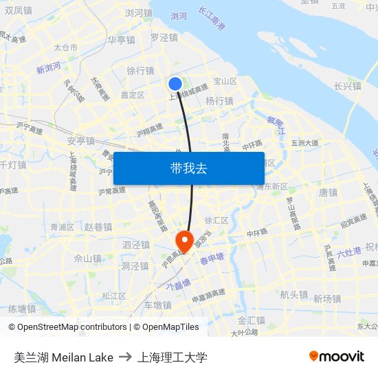 美兰湖 Meilan Lake to 上海理工大学 map