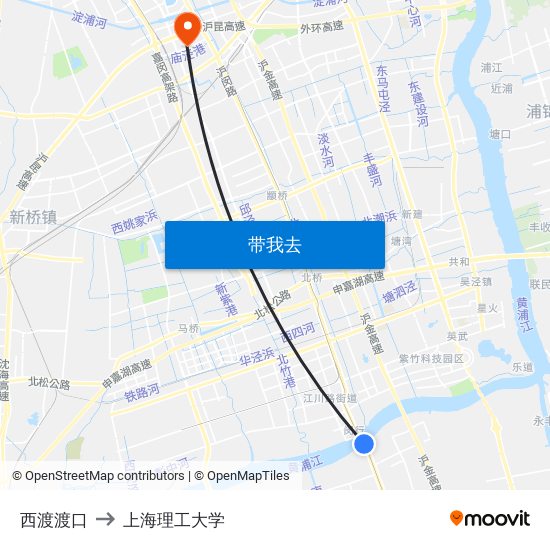 西渡渡口 to 上海理工大学 map