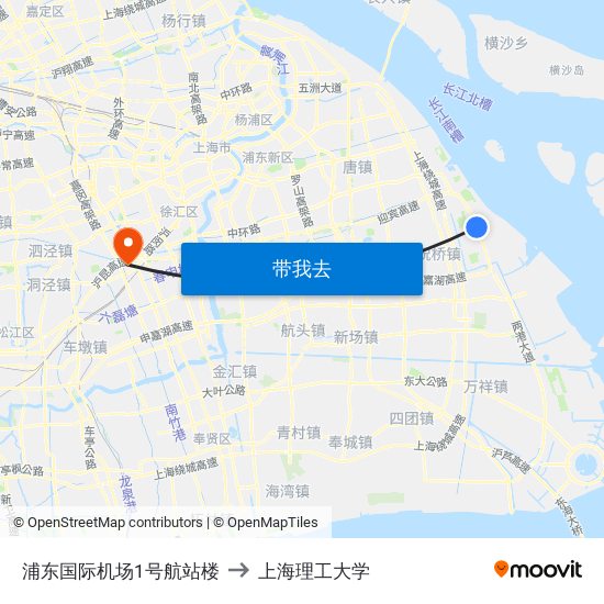 浦东国际机场1号航站楼 to 上海理工大学 map