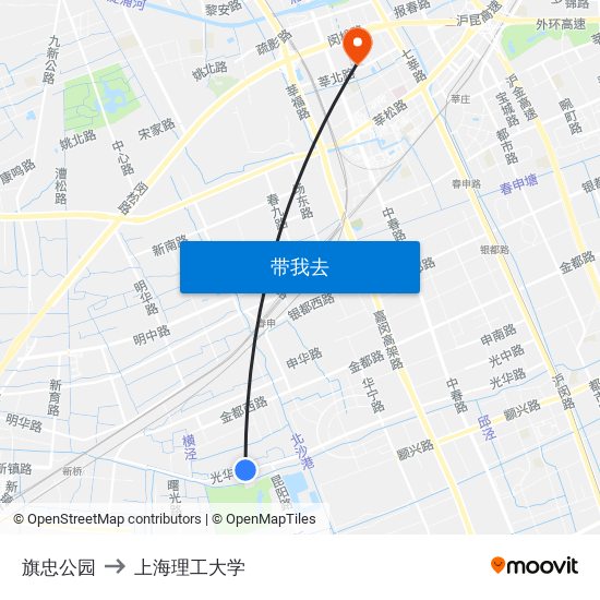 旗忠公园 to 上海理工大学 map