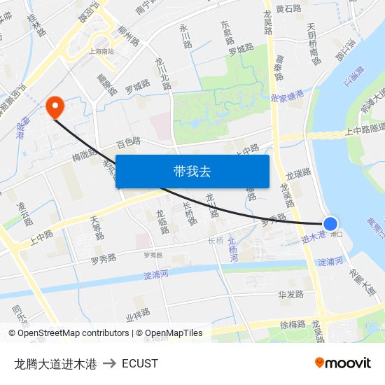 龙腾大道进木港 to ECUST map