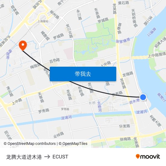 龙腾大道进木港 to ECUST map