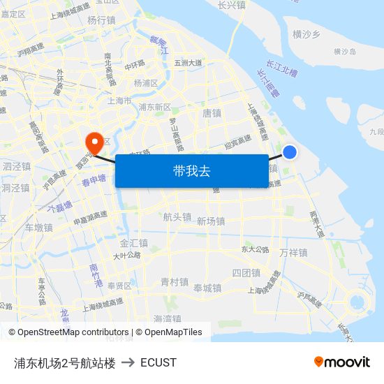 浦东机场2号航站楼 to ECUST map