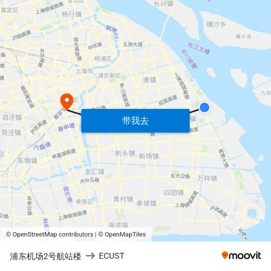 浦东机场2号航站楼 to ECUST map
