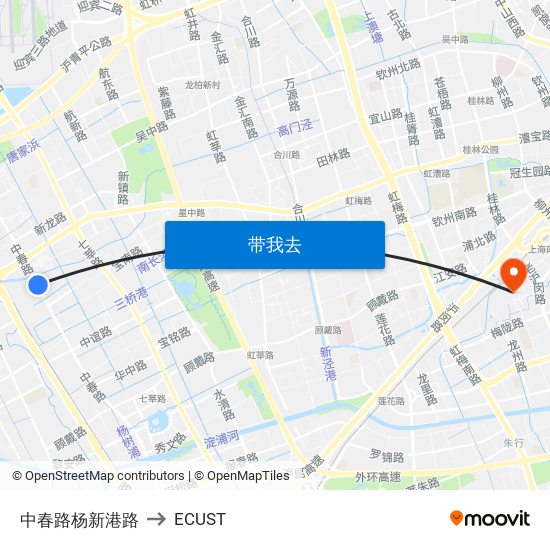 中春路杨新港路 to ECUST map