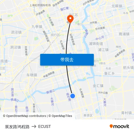 展发路鸿程路 to ECUST map