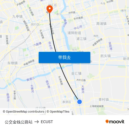 公交金钱公路站 to ECUST map