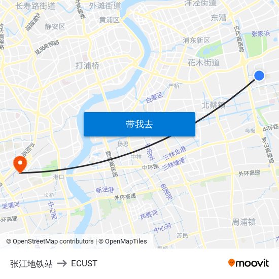 张江地铁站 to ECUST map