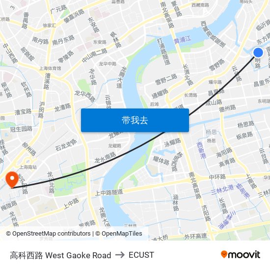 高科西路 West Gaoke Road to ECUST map