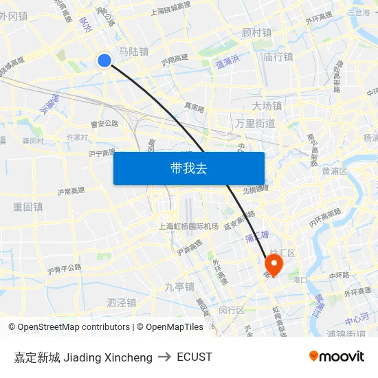 嘉定新城 Jiading Xincheng to ECUST map