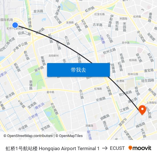 虹桥1号航站楼 Hongqiao Airport Terminal 1 to ECUST map
