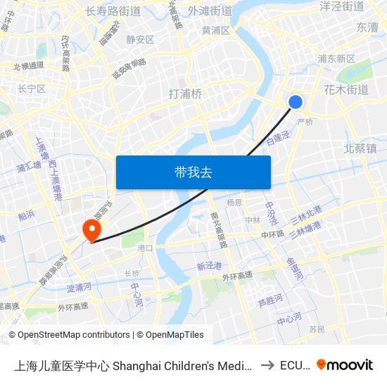 上海儿童医学中心 Shanghai Children's Medical Center to ECUST map