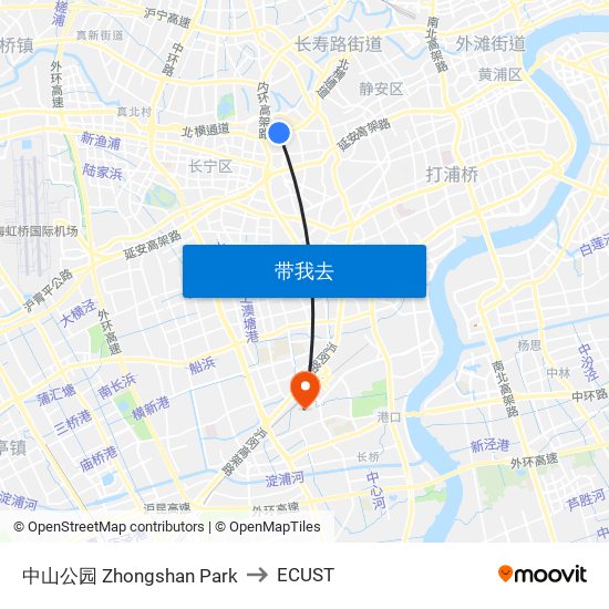 中山公园 Zhongshan Park to ECUST map