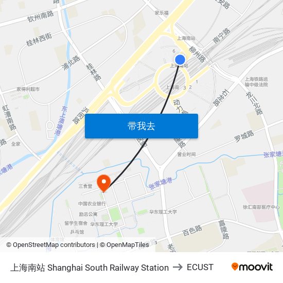 上海南站 Shanghai South Railway Station to ECUST map