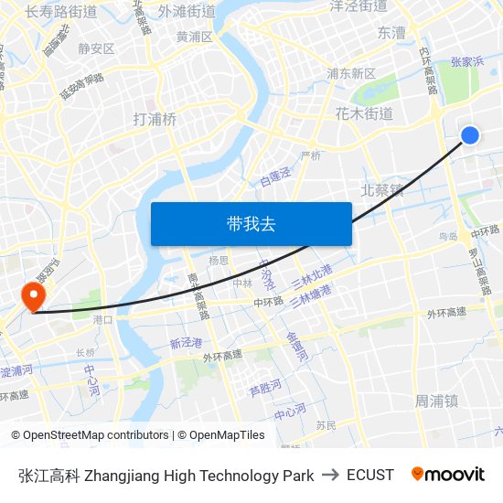 张江高科 Zhangjiang High Technology Park to ECUST map