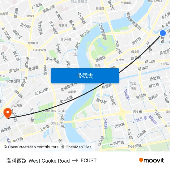 高科西路 West Gaoke Road to ECUST map