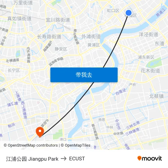 江浦公园 Jiangpu Park to ECUST map