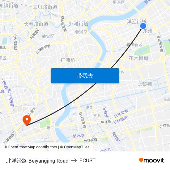 北洋泾路 Beiyangjing Road to ECUST map