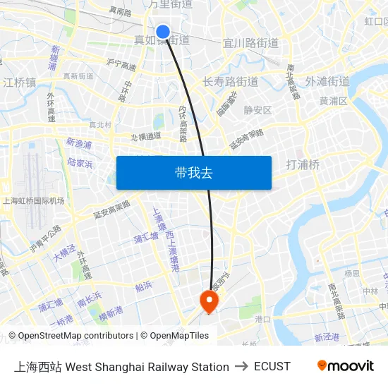 上海西站 West Shanghai Railway Station to ECUST map