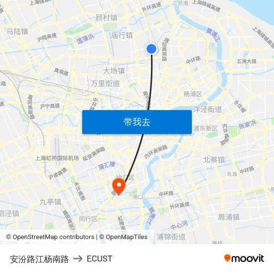 安汾路江杨南路 to ECUST map