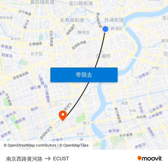 南京西路黄河路 to ECUST map