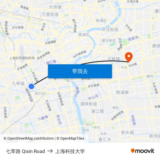 七莘路 Qixin Road to 上海科技大学 map