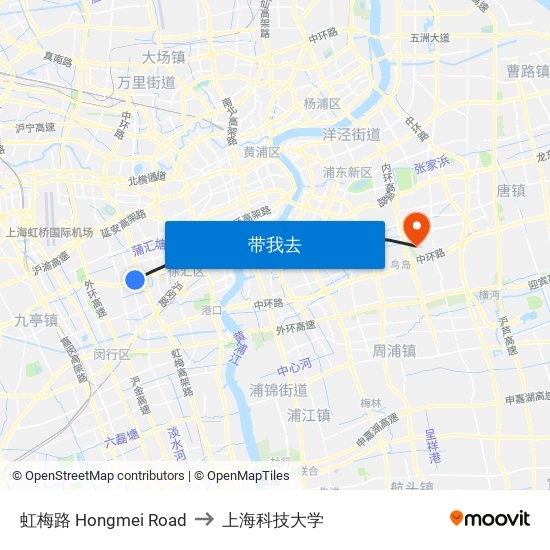 虹梅路 Hongmei Road to 上海科技大学 map
