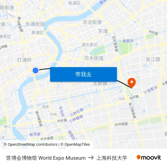 世博会博物馆 World Expo Museum to 上海科技大学 map