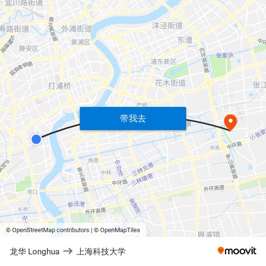 龙华 Longhua to 上海科技大学 map