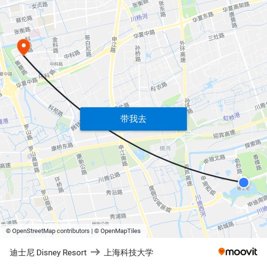 迪士尼 Disney Resort to 上海科技大学 map