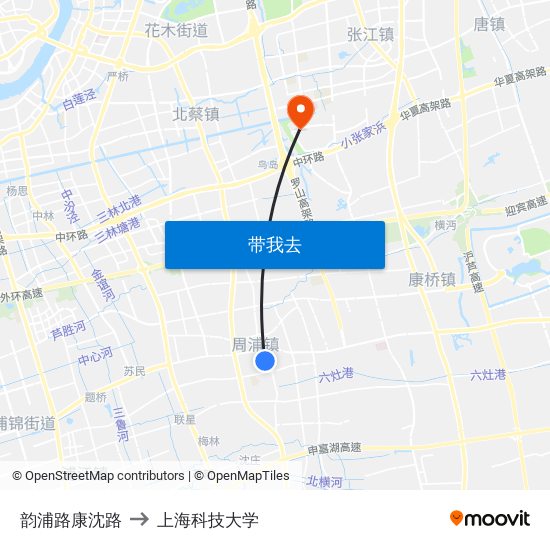 韵浦路康沈路 to 上海科技大学 map