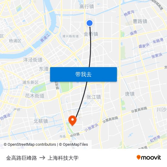 金高路巨峰路 to 上海科技大学 map