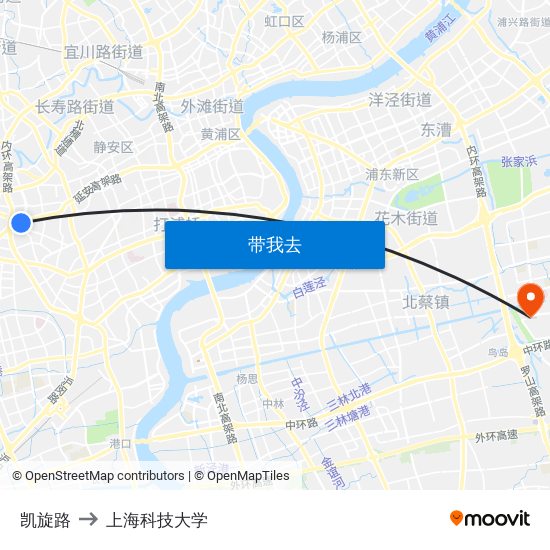 凯旋路 to 上海科技大学 map