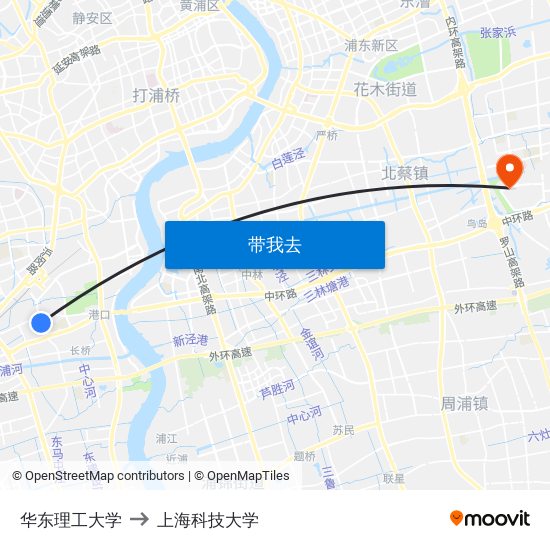 华东理工大学 to 上海科技大学 map