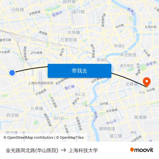 金光路闵北路(华山医院) to 上海科技大学 map