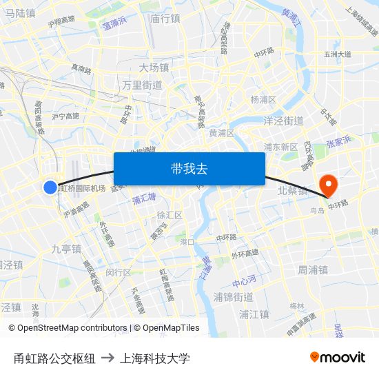 甬虹路公交枢纽 to 上海科技大学 map