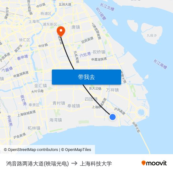 鸿音路两港大道(映瑞光电) to 上海科技大学 map