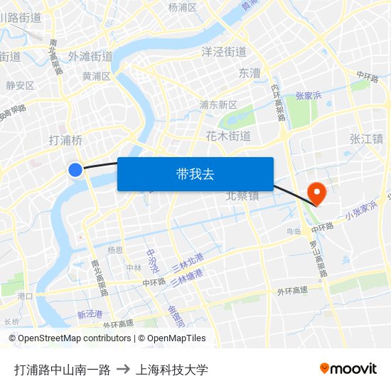 打浦路中山南一路 to 上海科技大学 map