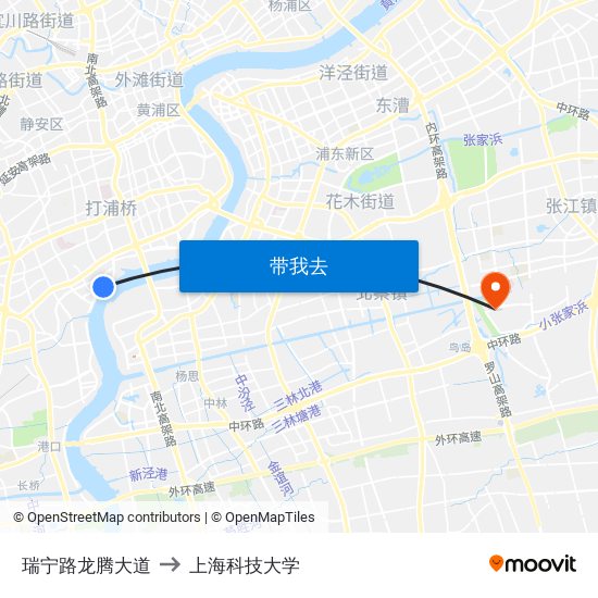 瑞宁路龙腾大道 to 上海科技大学 map