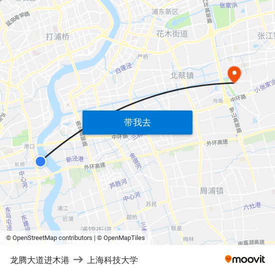 龙腾大道进木港 to 上海科技大学 map