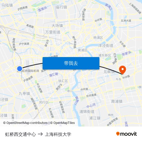 虹桥西交通中心 to 上海科技大学 map