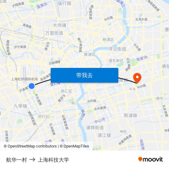 航华一村 to 上海科技大学 map