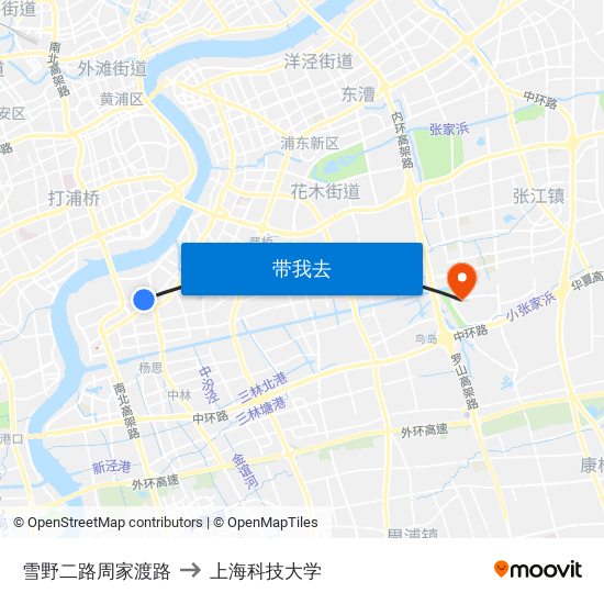 雪野二路周家渡路 to 上海科技大学 map