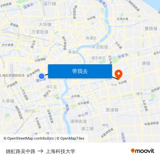 姚虹路吴中路 to 上海科技大学 map